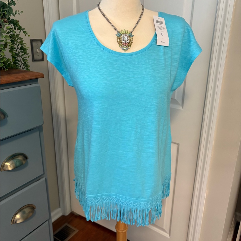 NWT CHICO’s BLUE FRINGE TEE TOP SHORT SLEEVE TOP, size 0 (small/medium)
